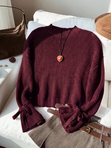SHEIN 少女款寬鬆極簡圓領綁帶袖裝飾秋季針織毛衣，羅紋蝴蝶結套頭衫，適合冬季校園返校穿搭 - 酒紅色 - 查看 4