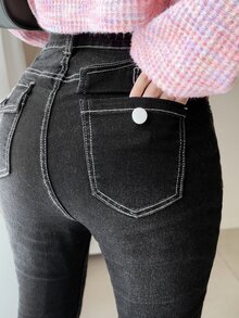 FRIFUL Women's Fashion Versatile Button Flare Jeans School Everyday Black And White Striped Fall Casual Streetwear - Grey - View 1