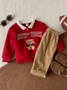 SHEIN 男女嬰幼兒 2件組秋冬保暖內裡加厚可愛泰迪熊圖案 Polo 領運動衫套裝，Polo 套裝，嬰兒冬季衣物，聖誕 - 酒紅色 - 查看 4