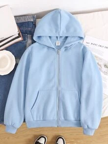 SHEIN 青少年女孩秋冬休閒連帽開襟外套 - 藍色 - 查看 5