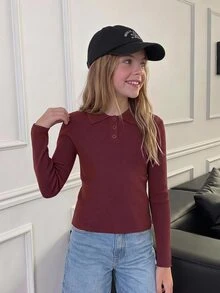 DAZY Polo Collar Fitted Long Sleeve Basic Knit Top For Tween Girls Autumn/Winter - Brown - View 3