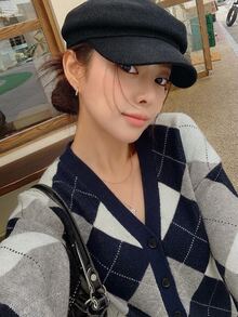 DAZY 女款拼接格紋針織開襟外套休閒優雅學院風復古街頭都市風 - 藏蓝色 - 查看 5