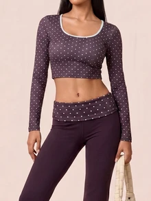 SHEIN BAE Women's Polka Dot Long Sleeve Sports T-Shirt And Tank Top - Coffee Brown - View 1
