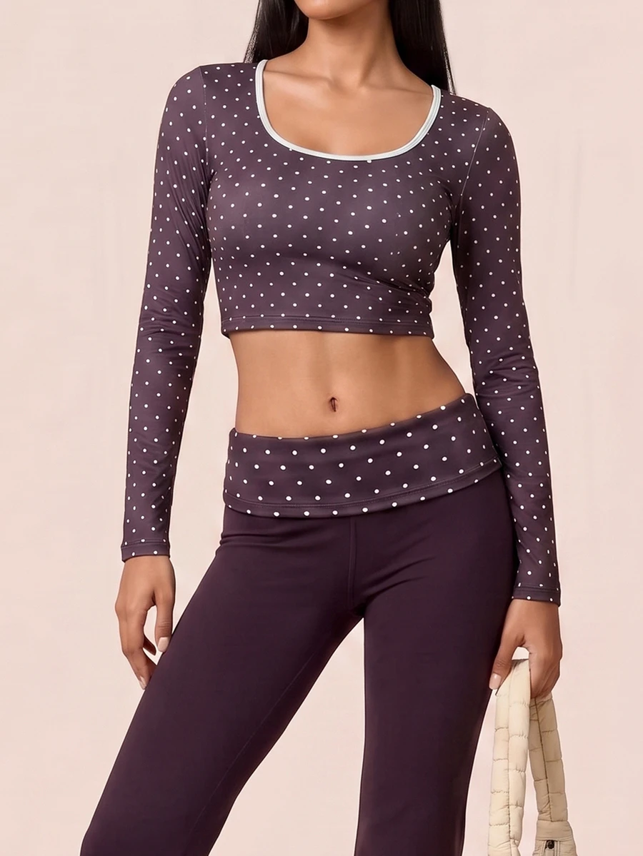 SHEIN BAE Women's Polka Dot Long Sleeve Sports T-Shirt And Tank Top - Coffee Brown - View 1