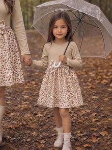 Emery Rose Kids Emery Rose Kids 女童小女孩可愛拼接洋裝，復古棕色羅紋上衣配蝴蝶結與碎花裙，長袖公主裙，適合春夏秋冬 - 杏色 - 查看 1
