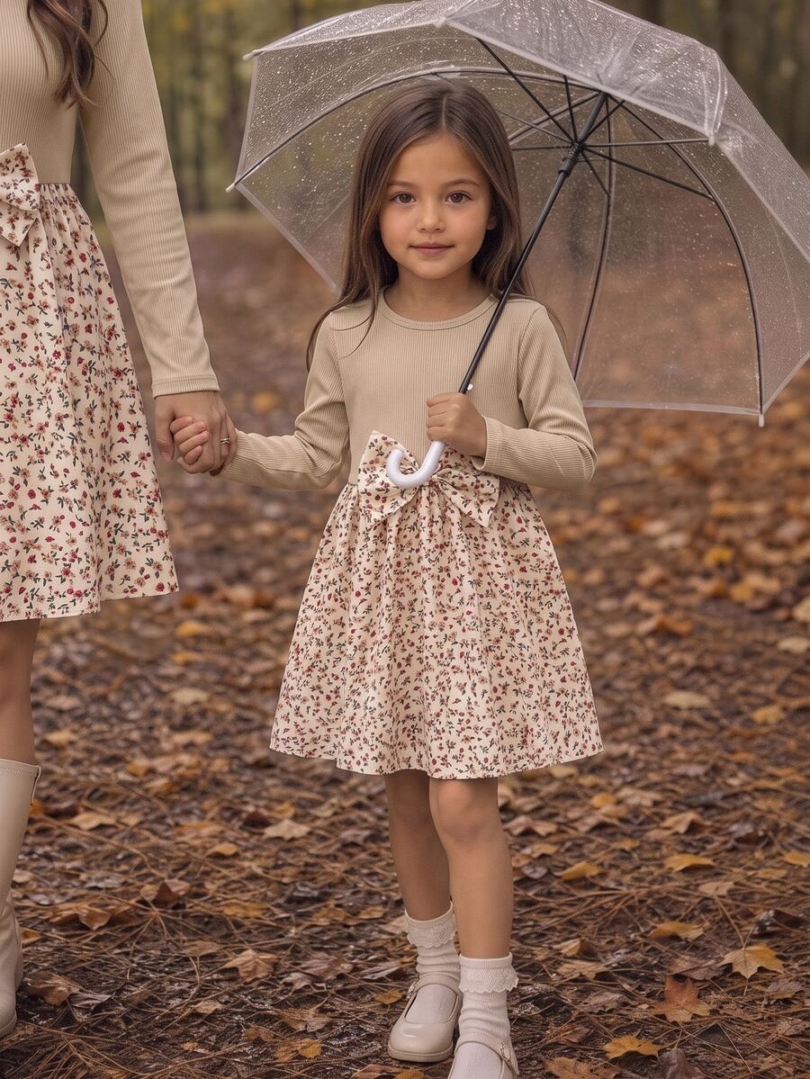 Emery Rose Kids Emery Rose Kids 女童小女孩可愛拼接洋裝，復古棕色羅紋上衣配蝴蝶結與碎花裙，長袖公主裙，適合春夏秋冬 - 杏色 - 查看 1