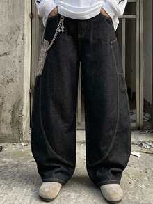 DAZY Men's Long Wide Leg Jeans With Side Pockets, Blind Texture Fabric, Color Block Streetwear Patchwork Style, Spring/Autumn - Black - View 2