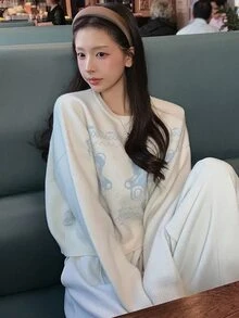 DAZY Bear Pattern Jacquard Loose Short Long Sleeve Casual Vacation Korean Style Girl Autumn/Winter Versatile Daily Knit Sweater For Women - Apricot - View 6