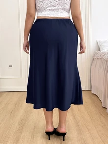 SHEIN EZwear 海軍藍高腰純色緞面質感大尺碼裙，適合派對與約會穿著 - 藏蓝色 - 查看 2