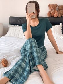 Napfluff 休閒居家與戶外穿著，格紋針織短袖女款睡褲套裝 - 綠色 - 查看 5