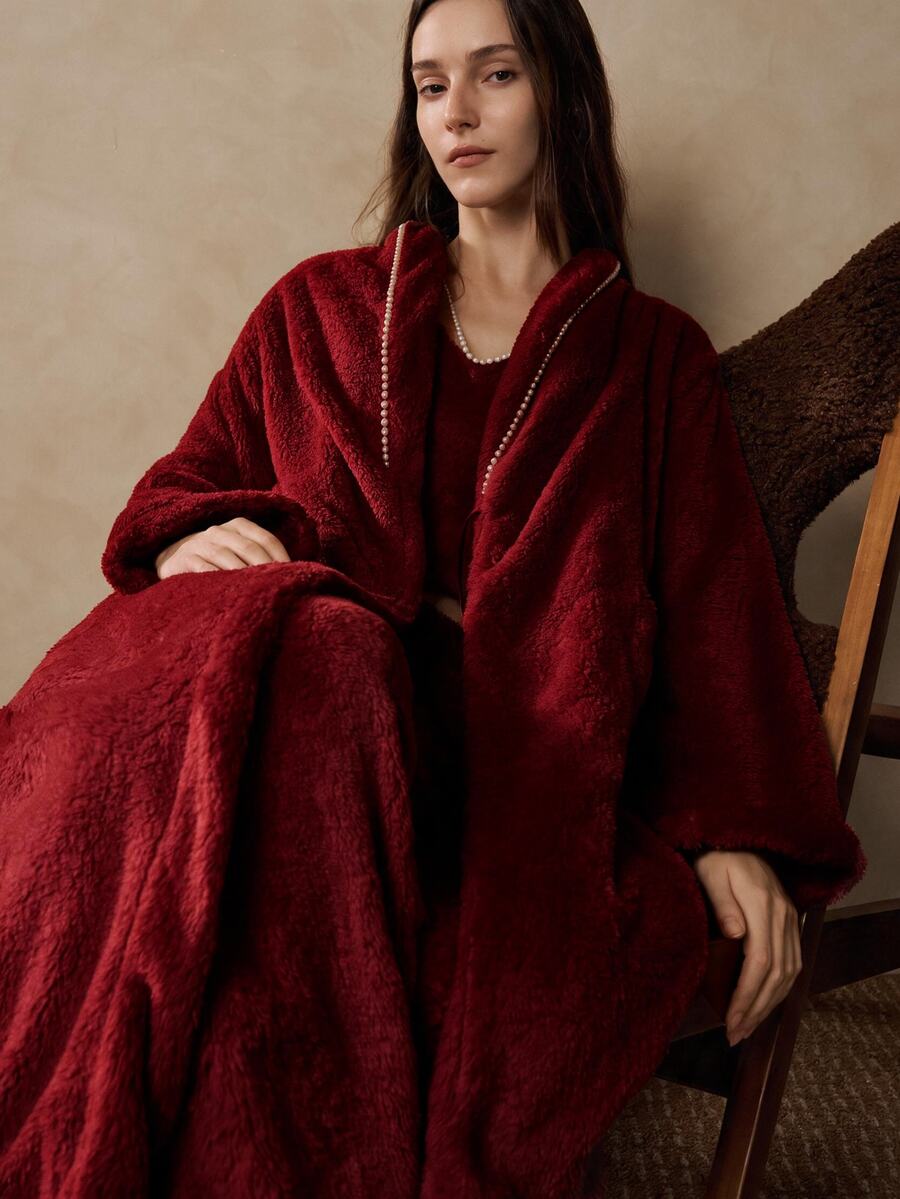 MOTF PREMIUM WOMEN'S FAUX PEARL DECOR CASUAL DAILY HOME SLEEPWEAR - Burgundy - View 2