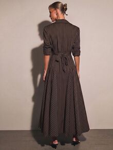 COSMINA 女款優雅鈕扣長袖條紋洋裝，適合辦公室穿著 - 摩卡棕 - 查看 2