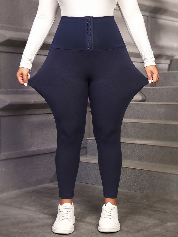 Comfylo Plus Size Women Solid Color Front Button Waist High Slimming Versatile Leggings Gym Workout Fall Casual Baggy - Royal Blue - View 9