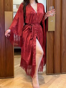 Dazy Plus Autumn New Vacation Charm Jacquard Satin Tassel Decor Robe - Burgundy - View 3