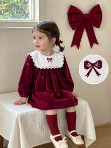Souflis Souflis 2件組幼女絨毛洋裝 優雅甜美酒紅色蕾絲蝴蝶結印花 長袖圓領 加厚毛絨款 適合冬季與秋季節慶 - 酒紅色 - 查看 4