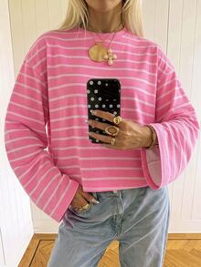 SHEIN EZwear 女款休閒寬鬆長袖條紋T恤，秋冬女裝 - 彩色 - 查看 3