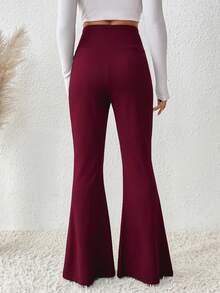 SHEIN LUNE 2025新款女式休閒通勤度假節日不對稱腰線顯瘦喇叭褲 素色 - 酒紅色 - 查看 2
