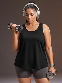 Powerista Women's Plus Size Loose Backless Black Sports Tank Top - Black - View 1