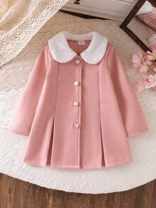 SHEIN Elladie kids 秋季毛絨領單排扣A字夾克套裝，柔軟羊毛外套，甜美公主風寬鬆版型風衣，適合日常、派對、假期秋季穿著 - 粉色 - 查看 5