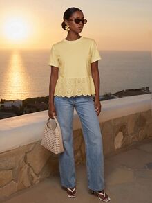 CAJUNI Women's Sweet Lace Patchwork Short Sleeve T-Shirt For Vacation - Pale Yellow - View 5