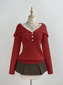 Elamini Women's White Casual Versatile Commute Daily Wear Classic Cable Knit Half-Button Pullover Sweater, Autumn/Winter - Red - View 3