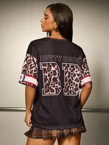 Betty Boop x SHEIN Women's Letter Cartoon Print Casual Daily Short Sleeve T-Shirt - Black - View 2