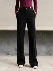 MOTF PREMIUM Celana Panjang Wanita Model Lurus dengan Dekorasi Logam dan Bahan PU, Musim Gugur/Musim Dingin - Hitam - View 3