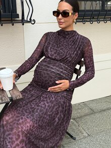 MaterniWear Maternity Leopard Print Round Neck Long Sleeve Ruched Elegant Dress - Purple - View 6