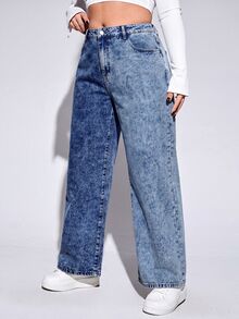 SHEIN ICON 大尺碼街頭時尚鈕扣口袋寬鬆牛仔褲 - 深色水洗藍 - 查看 4