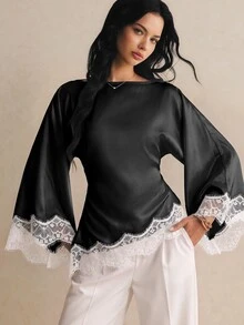 Poéselle 女款優雅蕾絲拼接收腰喇叭袖襯衫 - 黑色 - 查看 6