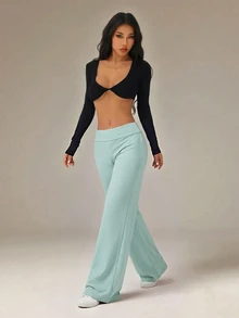 SHEIN PETITE 黑色高腰寬腿寬鬆休閒長褲 - 薄荷綠 - 查看 7