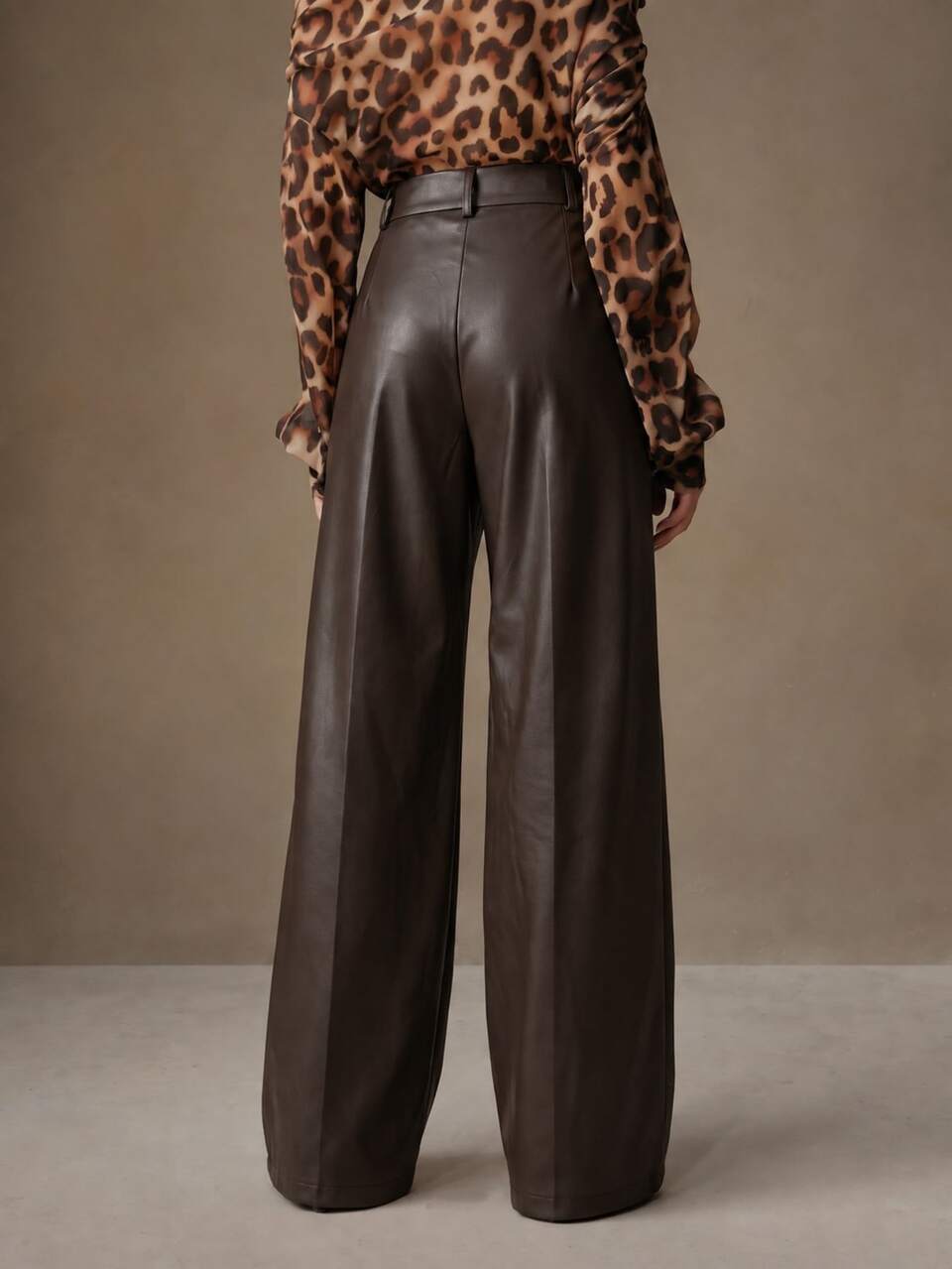Modern Urban Women Coffee Brown High Waist Pleated PU Leather-Like Wide Leg Long Pants Office Wear