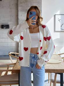 SHEIN Petite Size Heart Print Detailed With Front Button Casual Long Sleeve Cardigan - White - View 5