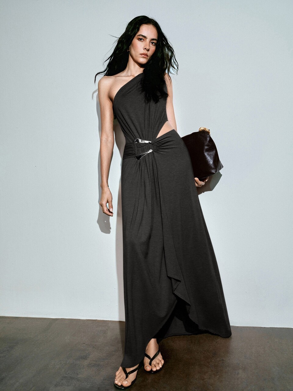 MOTF WOMEN'S SOLID COLOR ASYMMETRIC NECKLINE WAIST-CUTOUT RUCHED METAL BUCKLE DECOR SLIM FIT CASUAL FASHION DRESS