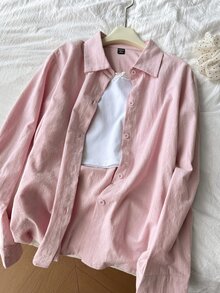 DAZY Tween Girl Solid Color Collared Casual Loose Fit Shirt - Pink - View 5