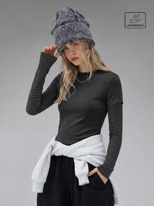 COUREZ 雙層長袖運動上衣 / Y2K風格長袖上衣 / 外出穿搭上衣 / 女款上衣 / 冬季女裝 / 女款性感可愛上衣 - 黑色 - 查看 3