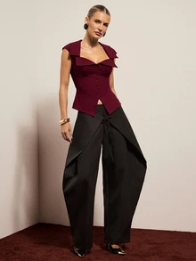 Hauture Women's Sexy Casual Office Solid Color Corset Bustier Collared Sleeveless Top - Burgundy - View 4