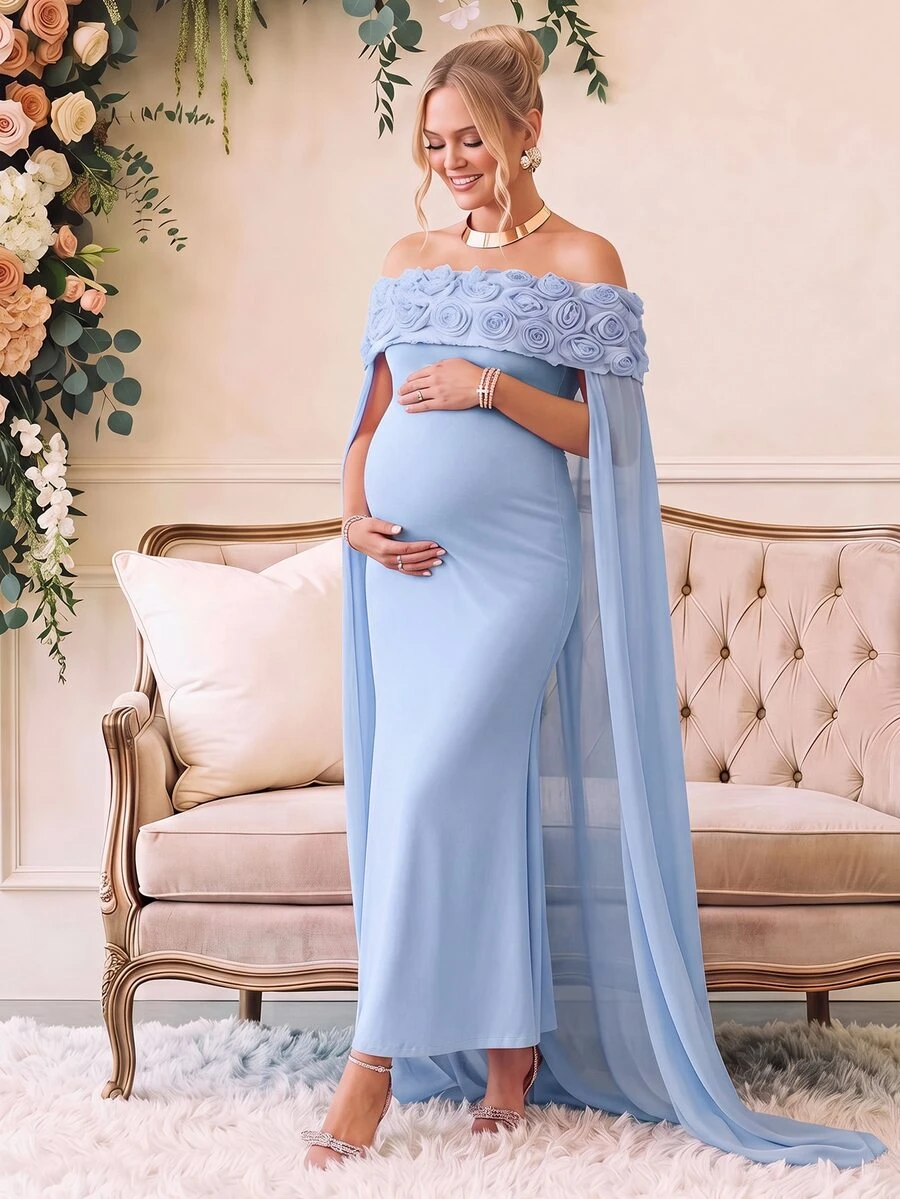 Loomaby Maternity 3D Floral Decor Off-Shoulder Elegant Party Dress - Blue - View 1