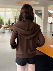 K-Vae Women's Deep Brown V-Neck Hooded Sweatshirt, Loose Fit Pullover With Pockets, Casual Top - Multicolor - View 2