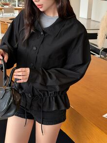K-Vae Women's Black Single-Breasted Long Sleeve Casual Drawstring Jacket - Black - View 5