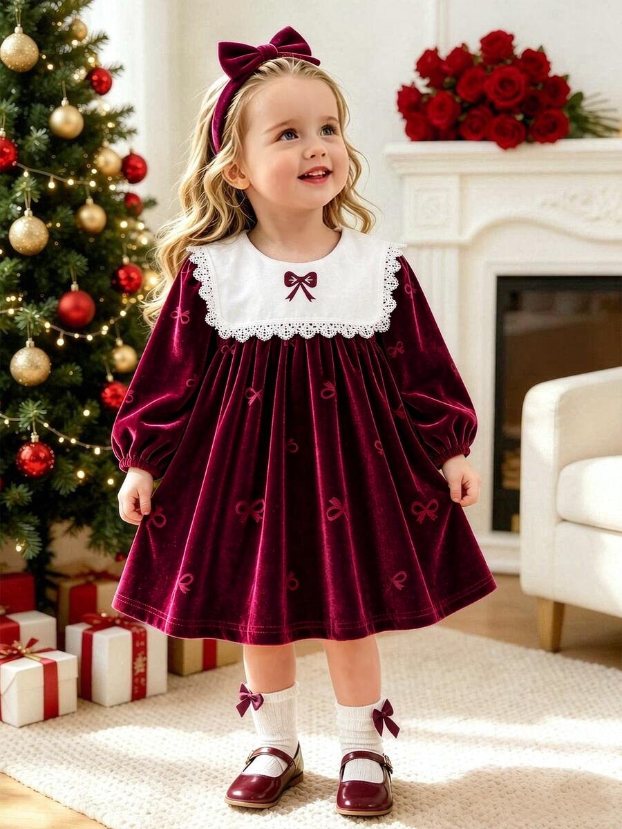 Souflis Souflis 2件組幼女絨毛洋裝 優雅甜美酒紅色蕾絲蝴蝶結印花 長袖圓領 加厚毛絨款 適合冬季與秋季節慶 - 酒紅色 - 查看 1