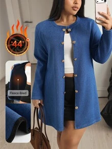 Flexra جاكيت جينز بأكمام طويلة وأزرار أمامية للنساء مقاس كبير - الأزرق - مشاهدة 1