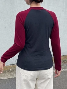 Dazy Plus Contrast Color Patchwork Fitted Street Casual Short Length Long Sleeve Spring Autumn T-Shirt - Navy Blue - View 2