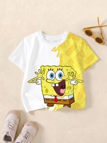 SpongeBob SquarePants | SHEIN 小男孩卡通印花圓領短袖T恤 - 白色 - 查看 1
