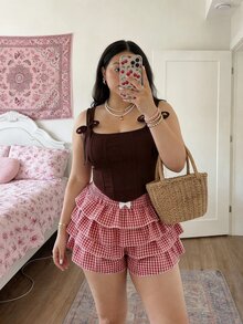 SHEIN MOD Plus Size Red Bow Front Tie Bustier Tank Top - Brown - View 7