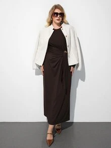 Maija Plus Size Solid Fashion Elegant Long Sleeve Dress - Brown - View 7