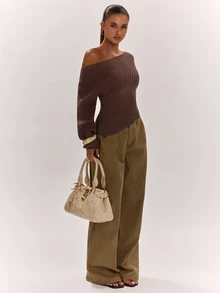 SHEIN BAE Autumn/Winter New Women's Fashion Versatile Elegant Chic Solid Color Knitted Fitted Ruched Casual Sweater - Brown - View 3