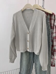SHEIN 青少年女孩純色V領短版寬鬆落肩長袖秋季針織開襟衫，秋季 - 淺灰色 - 查看 3