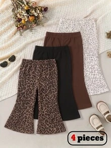 SHEIN Playful Pals 4件組女嬰休閒百搭柔軟可愛長款喇叭褲，花朵、花卉、條紋與棕色素色，高 CP 值，適合春夏室內或戶外玩耍，甜美清新舒適 - 彩色 - 查看 2