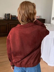 DAZY 休閒寬鬆版型翻領夾克 秋季加厚 青少年女孩咖啡色麂皮夾克 - 酒紅色 - 查看 2